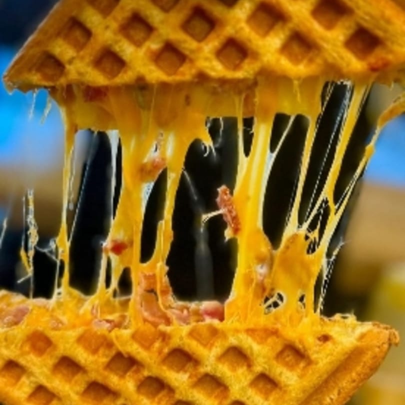 Two golden waffles with melted cheese and bacon bits stretching between them.