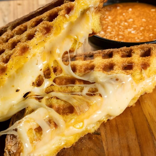 Cheesy waffle sandwich with melted cheese stretching, next to a bowl of tomato soup.