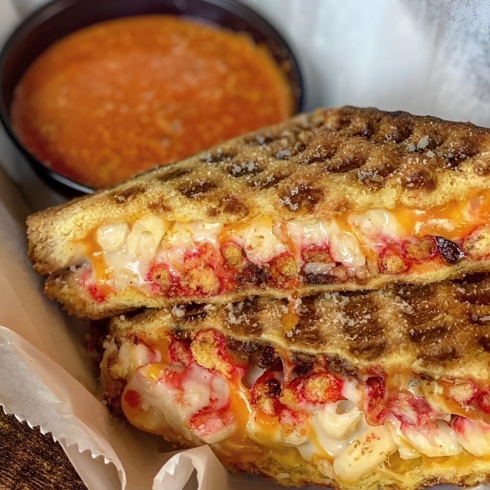 A waffle sandwich filled with mac and cheese and Flamin' Hot Cheetos, served with tomato soup.