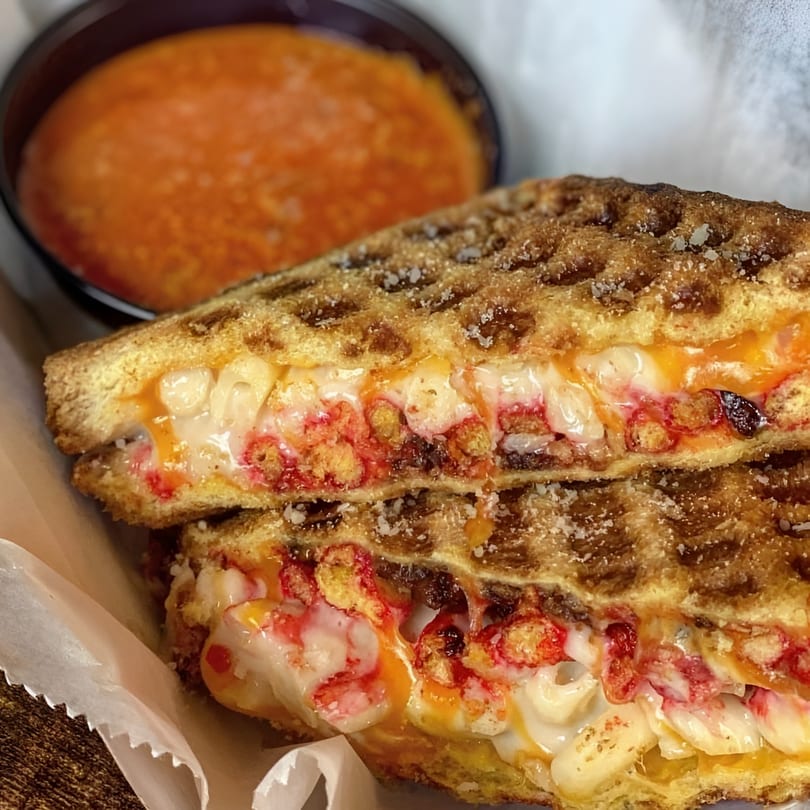 A waffle sandwich filled with mac and cheese and Flamin' Hot Cheetos, served with tomato soup.